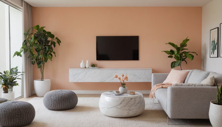 Modern living room interior design with sofa, tv and plants. Nobody insideの素材