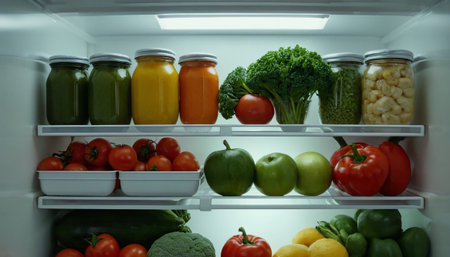 Open refrigerator full of healthy food, vegetables and fruits. Diet conceptの素材
