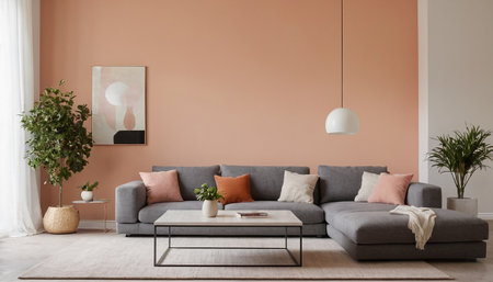 Living room interior with brown sofa, coffee table and plants. 3d renderの素材