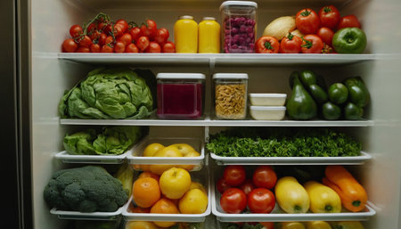 Refrigerator full of healthy food, vegetables, fruits and other foodstuffs.の素材
