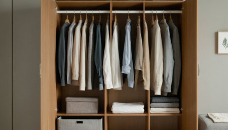 Closet with clothes and accessories in modern dressing room at homeの素材