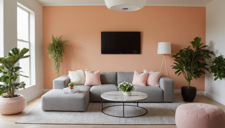 interior of modern living room with sofa and plants, nobody insideの素材