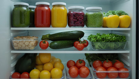 Refrigerator full of food, vegetables and fruits, closeupの素材