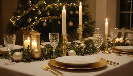 Christmas table setting with candles, golden cutlery, christmas treeの素材