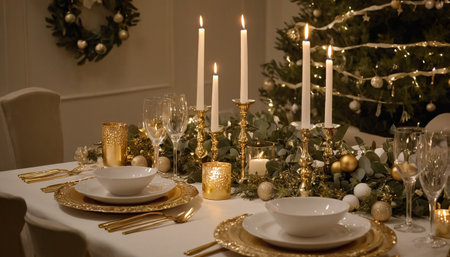 Christmas table setting with golden plates, candles, glasses and decorations.の素材