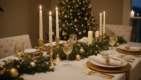 decorated christmas table with candles and golden cutleryの素材