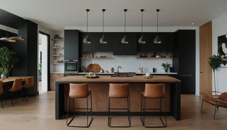 interior of modern kitchen with black walls, panoramic viewの素材