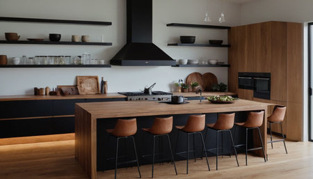 interior of new luxury and beautiful kitchen with black and wooden furnitureの素材