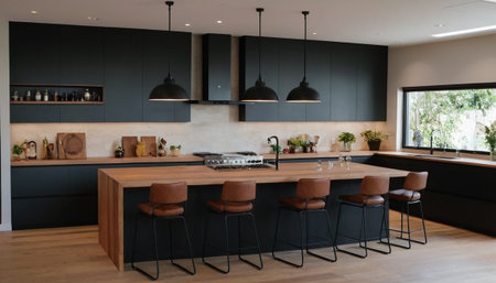 Interior of modern kitchen with black walls and wooden floor. Nobody insideの素材