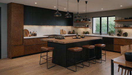 interior of modern kitchen with black walls and wooden floor. 3d renderingの素材