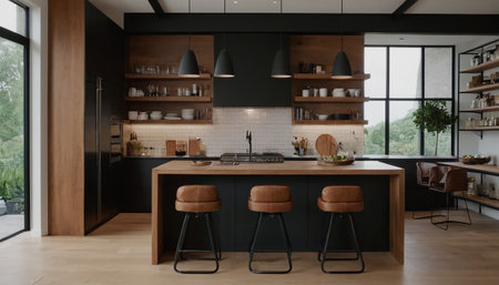 interior of modern kitchen with black walls, wooden floor and white countertopsの素材