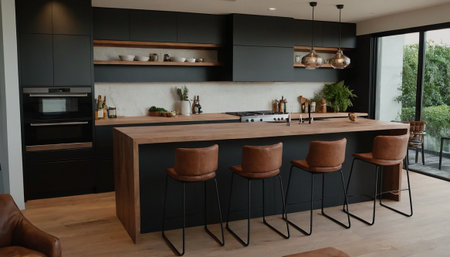Modern kitchen interior in black and gray colors with wooden table and chairsの素材