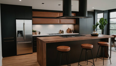 interior of new luxury kitchen with black and grey walls and wooden floorの素材