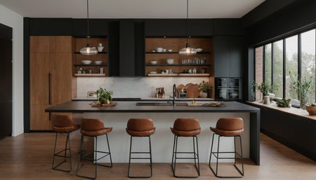 interior of modern kitchen with black walls, concrete floor and wooden cupboardsの素材