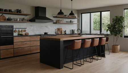 Modern kitchen interior design with wooden countertop and black chairs. Nobody insideの素材