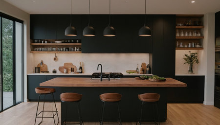 interior of modern kitchen with black and white walls, wooden floorの素材