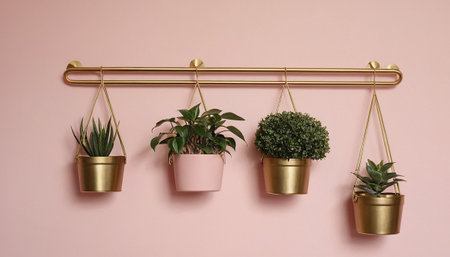 Potted houseplants hanging on copper hanger on pink wallの素材