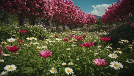 Colorful flowers blooming in the garden in springtime. Beautiful landscape.の素材