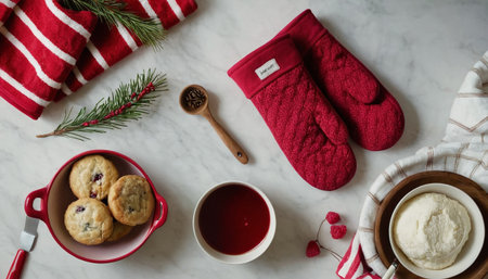 Flat lay of christmas cookies with cranberry jam and cup of teale backgroundの素材
