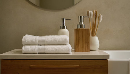 Bathroom interior with white towels and toiletries on the tableの素材