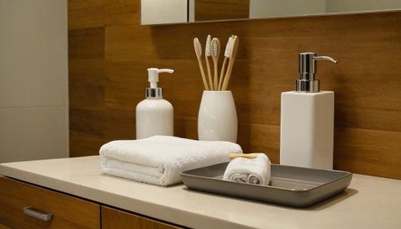 Bathroom interior with sink, towel, mirror and soap dispenserの素材
