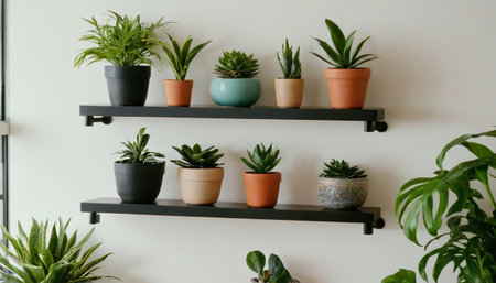 Flowers in pots on a shelf in a room with a white wallの素材