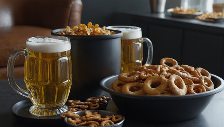 Beer glasses and snacks on table in pub, closeup. Space for textの素材