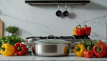 Cooking vegetables in modern kitchen. Cooking food at home concept.の素材