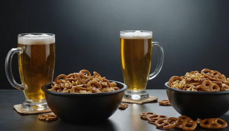 Beer and snacks on a dark background. Beer and snacks on a dark background.の素材