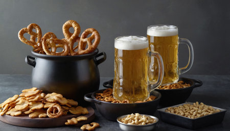 Mug of beer, pretzels and peanuts on dark backgroundの素材