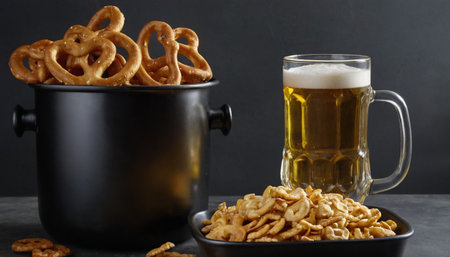 Beer mug and crackers on dark background. Oktoberfest conceptの素材