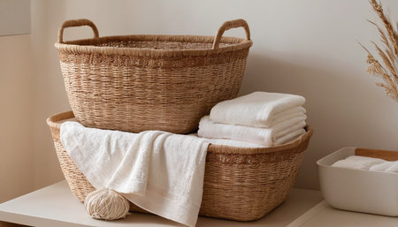 Bathroom interior with wicker basket, towels and dry flowersの素材