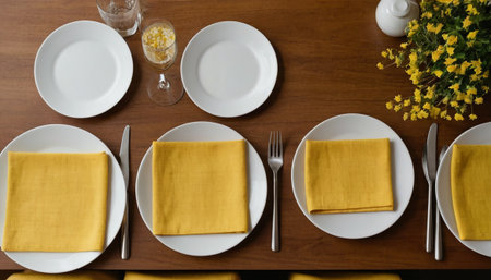 Table setting with yellow napkins and cutlery on wooden tableの素材