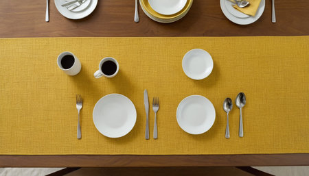 Top view of table setting with plates and cutlery on yellow tableclothの素材
