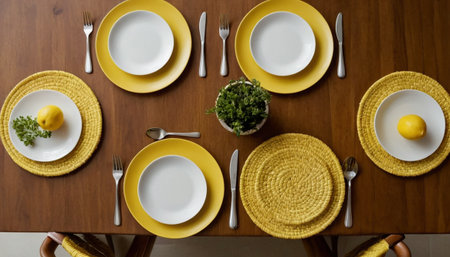 Table set for a family dinner with plates, cutlery and lemonの素材