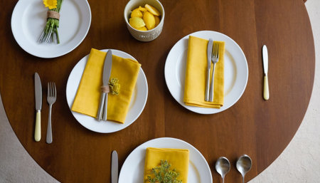 Elegant table setting with napkins and cutlery on wooden tableの素材