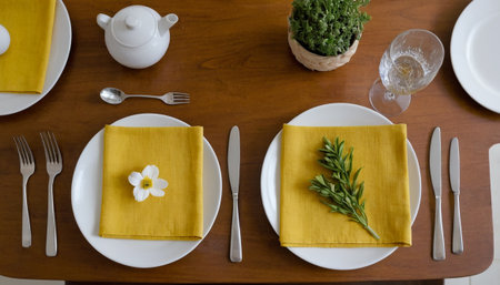 Table setting with yellow napkins and flowers on a wooden table.の素材