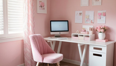 Interior of a child's room with pink furniture and a computerの素材