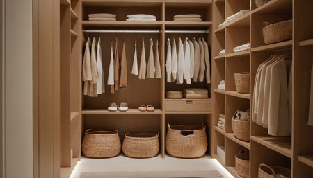 Interior of a dressing room with wooden shelves and white clothes.の素材