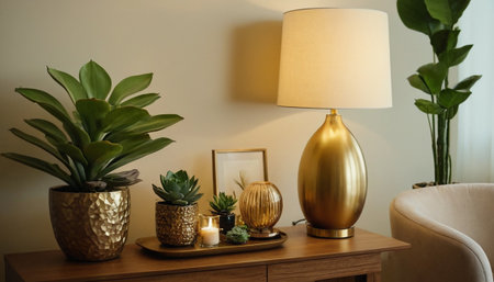 Cozy living room interior with plant and table lamp, closeupの素材