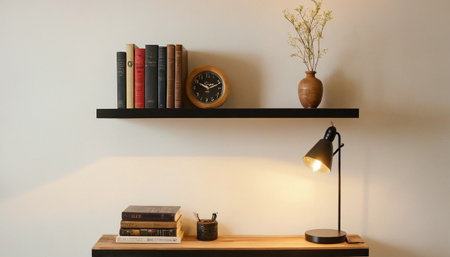 Bookshelf with books, lamp and vase on white wallの素材