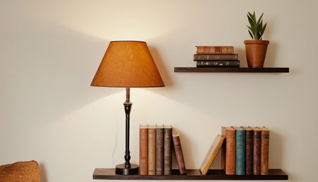 Bookshelf with books and lamp on white wall background, stock photoの素材