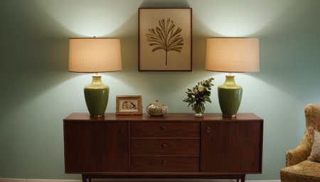 Wooden chest of drawers with table lamps and vases.の素材