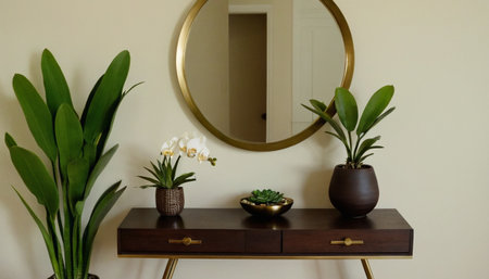 Interior of a living room with wooden commode, mirror and plantsの素材