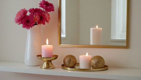 Burning candles in a vase with pink flowers on a shelfの素材