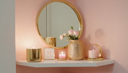 Bathroom shelf with candles, mirror and flowers on pink backgroundの素材