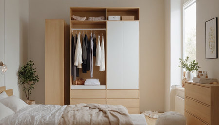 Modern bedroom interior with wardrobe, mirror and bedside table. Nobody insideの素材