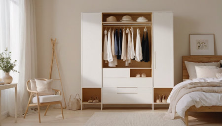White wardrobe with clothes in modern bedroom interior. 3d render.の素材