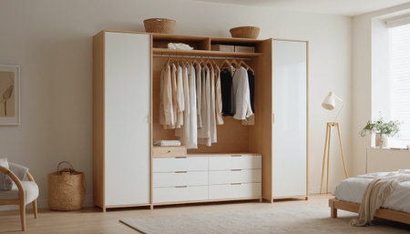 Wardrobe with clothes in modern room, scandinavian styleの素材