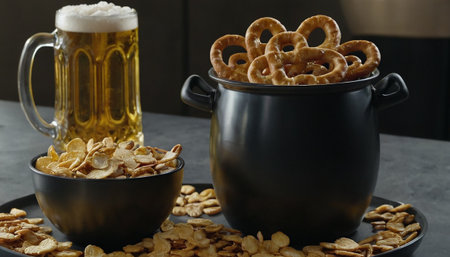 Beer mug and bowl of pretzels on grey table, closeupの素材